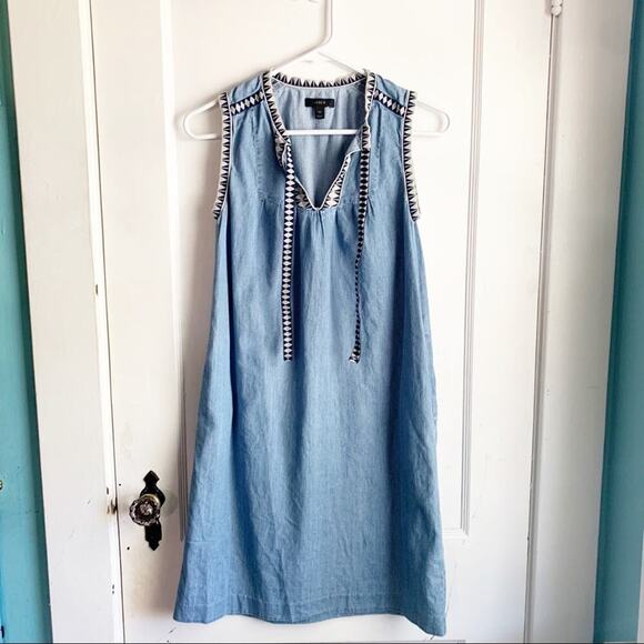 J. Crew Washed Chambray Dress Sleeveless Embroidery Classic Style 00 Hamptons - Picture 3 of 13